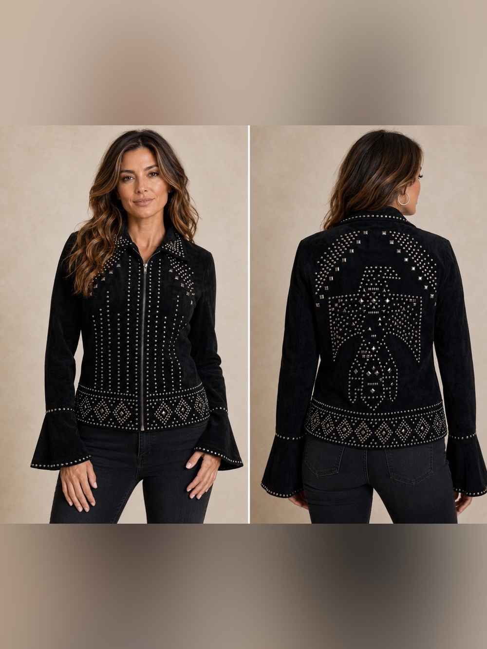 Rockin' C Studded Faux Suede Thunderbird Bell Sleeve Zip Jacket in black Medium